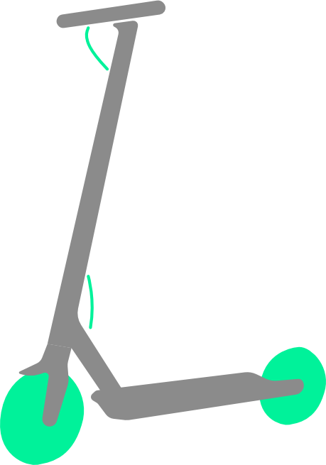 Pequeño logo de un patinete eléctrico. De color gris, y ruedas de color verde.